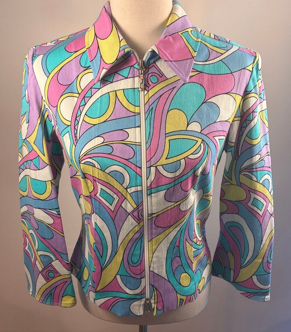 Vintage 90s Joseph Ribkoff Trends Psychedelic Swirl Print Zip Front Jacket 6